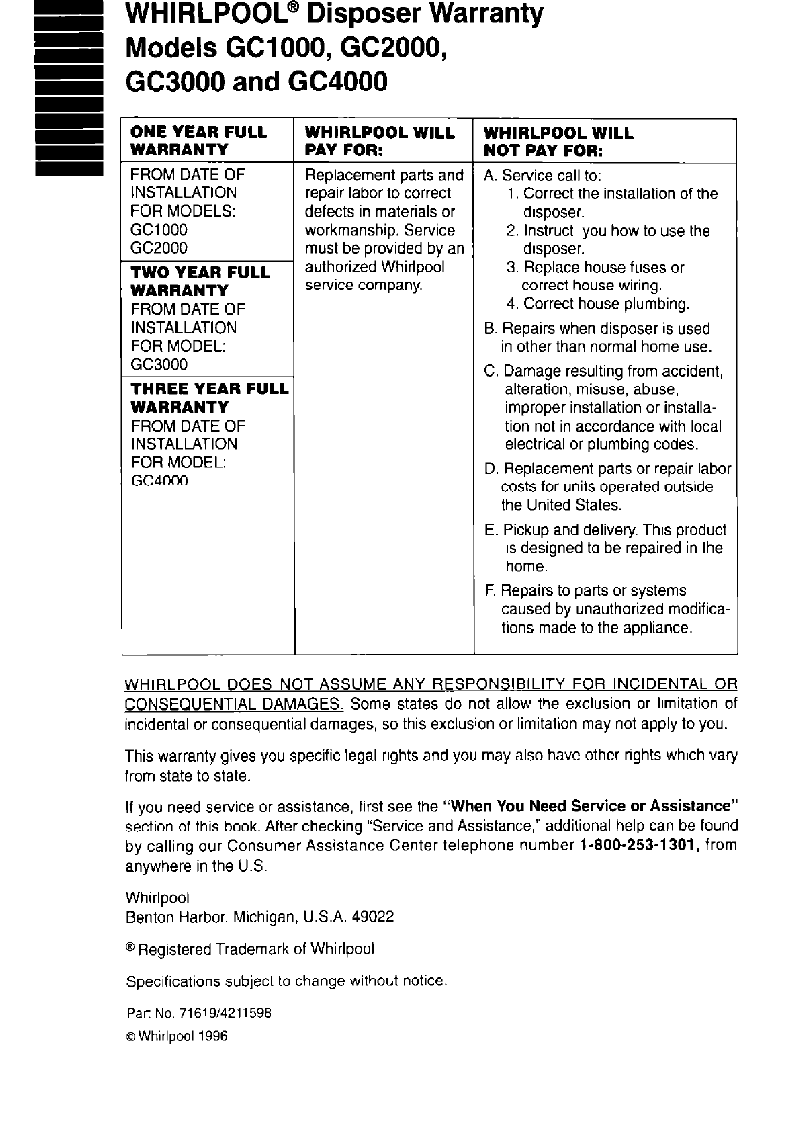 Whirlpool GC2000 Washer Use and care manual PDF View/Download, Page 8