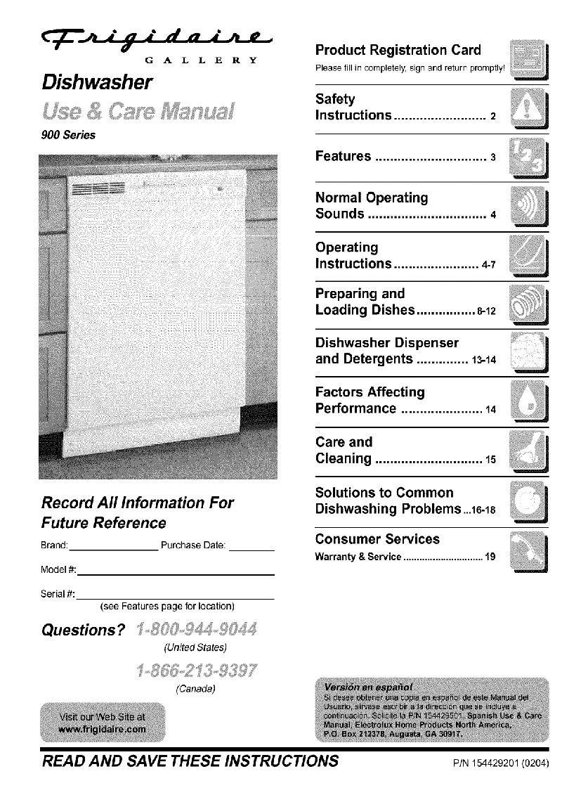 Frigidaire GLDB756AQ1 Dishwasher Use & care manual PDF View/Download