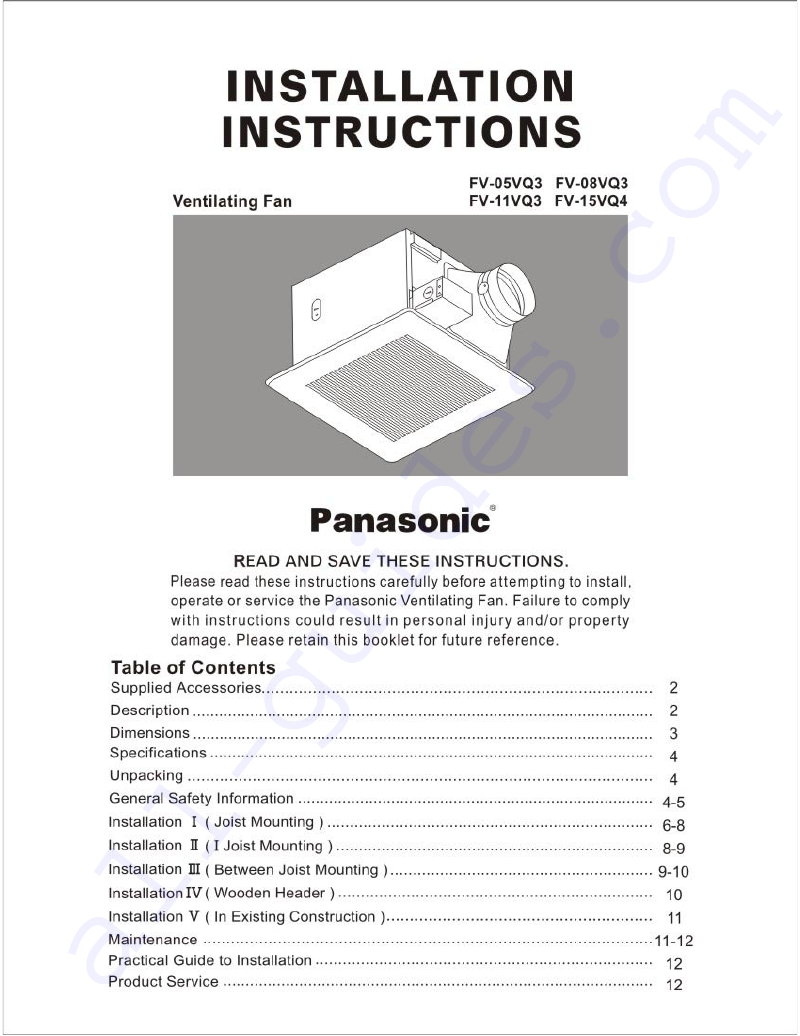 Panasonic FV15VQ4 Fan Installation instructions manual PDF View/Download