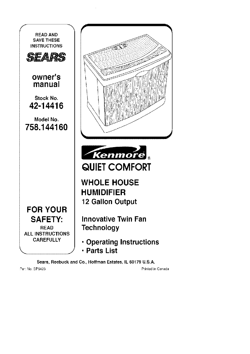 Kenmore Quiet comfort 758.144160 whole house humidifier 12 gallon