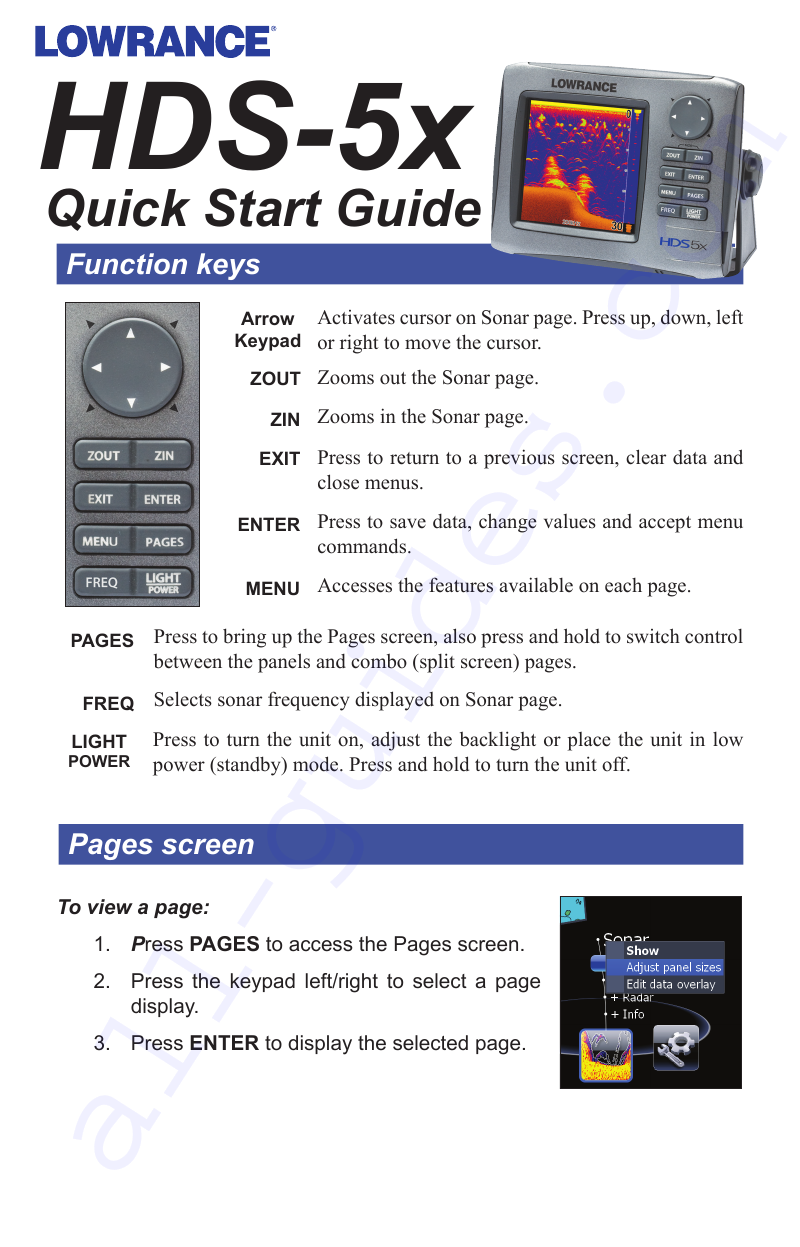 Lowrance HDS5x Sonar Quick start manual PDF View/Download
