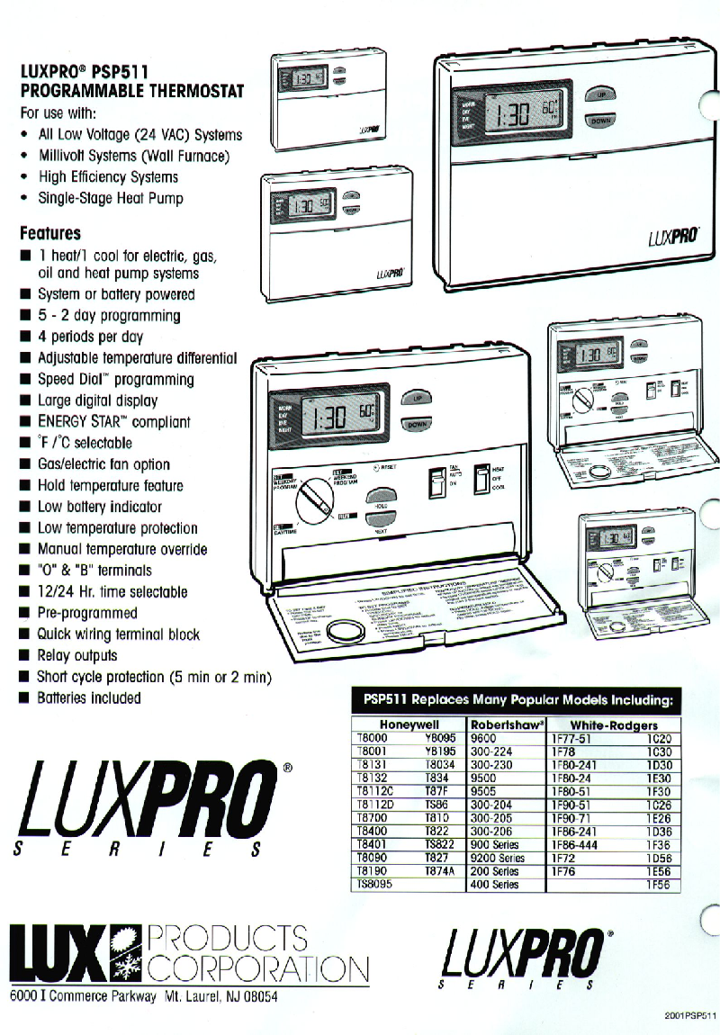Lux Products PSP511 Thermostat Manual PDF View/Download, Page 2