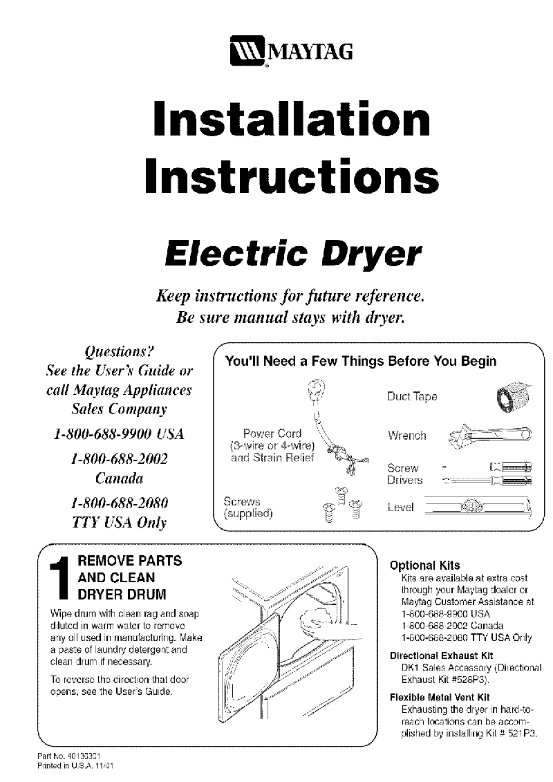Maytag MDE308DAYW Dryer Installation instructions manual PDF View/Download