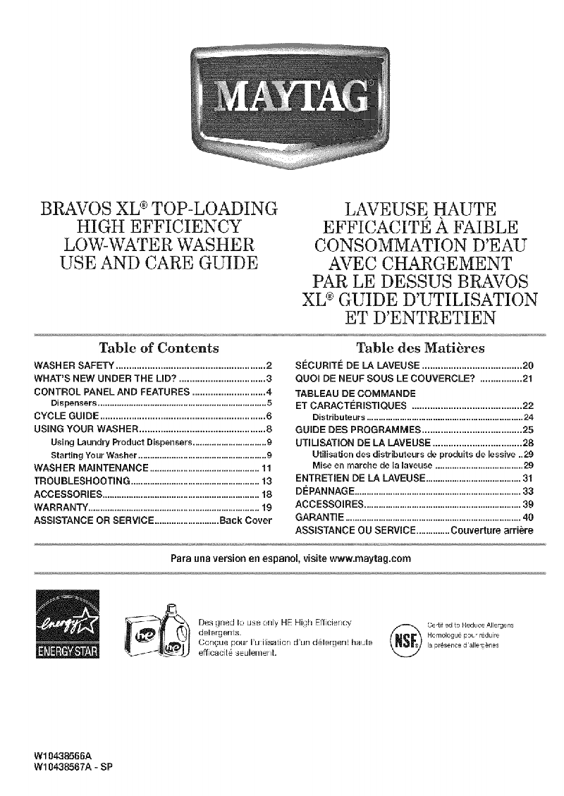 Maytag BRAVOS XL MVWB750YW0 Washer Use and care manual PDF View/Download