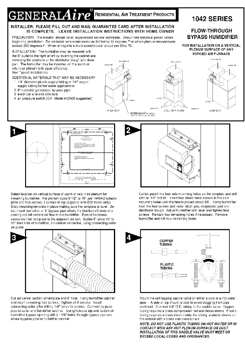 GeneralAire 1042 Series Humidifier Installation instructions manual PDF