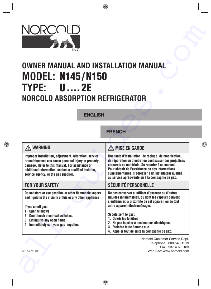 Norcold N145 Refrigerator Owners manual and installation manual PDF