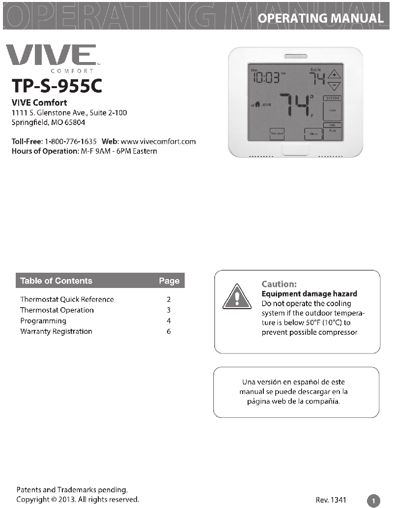 Vive Comfort TPS955C Thermostat Operating manual PDF View/Download