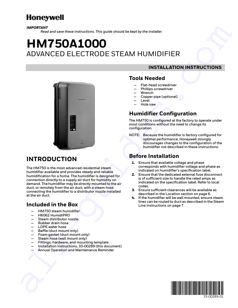 Honeywell HM750 Humidifier Installation instructions manual PDF View