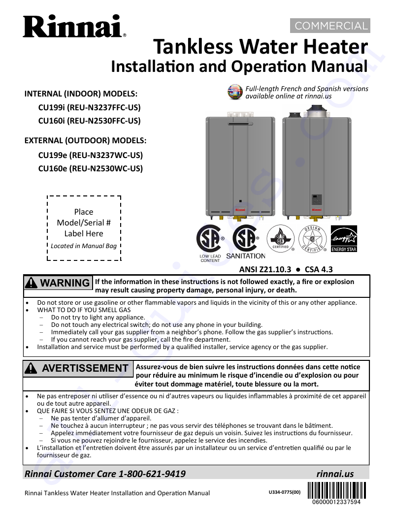 Rinnai CU160e Water Heater Installation and operation manual PDF View