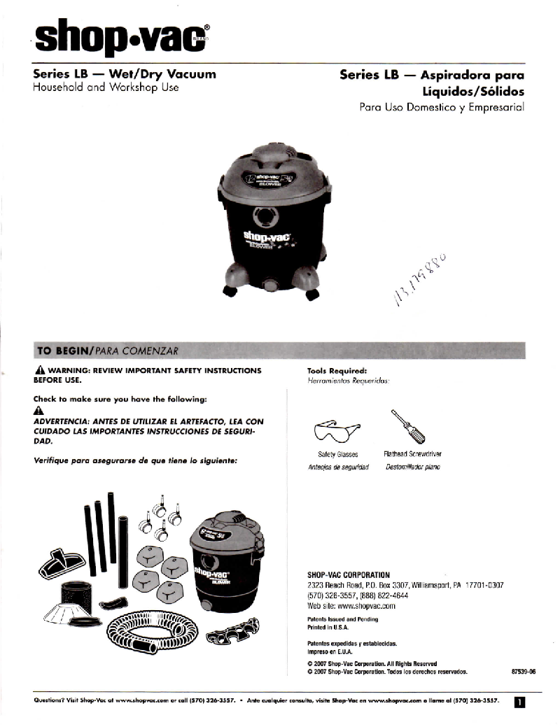 ShopVac LB SERIES Wetdry vac Operation & user’s manual PDF View/Download