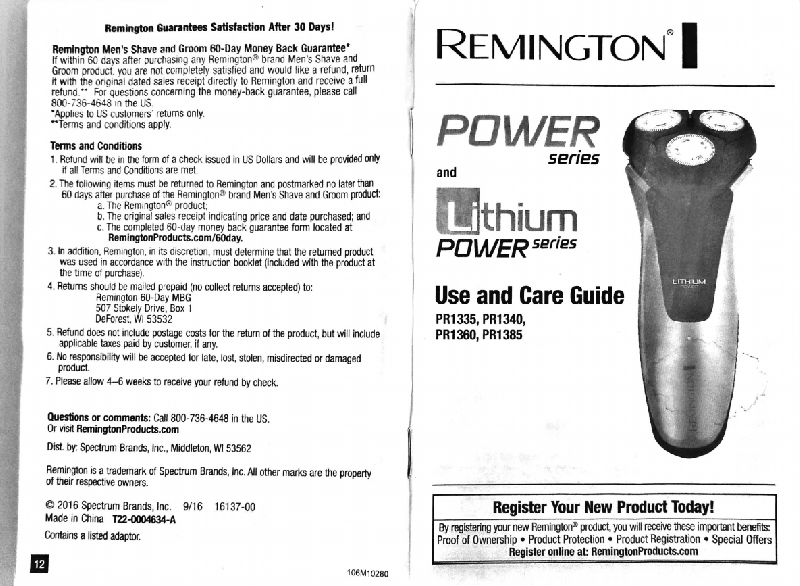 Remington PR1335 Electric Shaver Use and care manual PDF View/Download