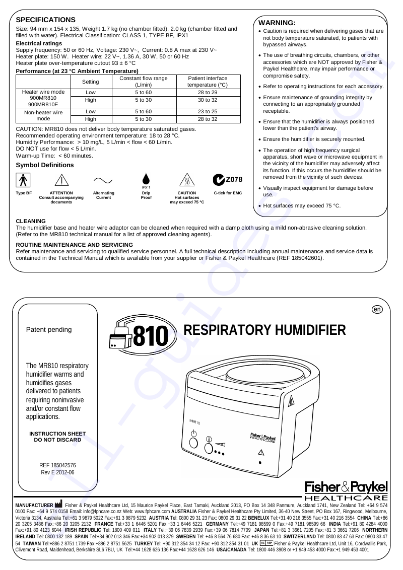 Fisher & Paykel MR810 Humidifier Technical manual PDF View/Download