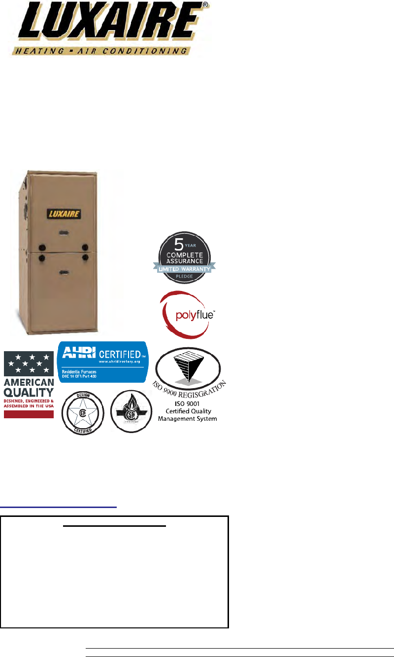 Luxaire TM9T Furnace Technical manual PDF View/Download