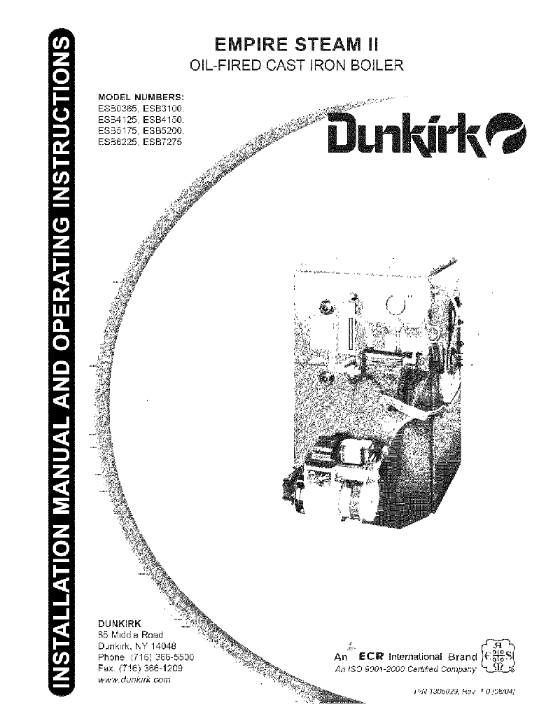 Dunkirk ESB0365 Boiler Installation manual and operating instructions